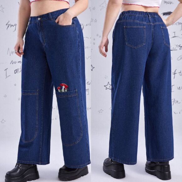 ROMWE‎ Women's Mushroom Embroidery Wide Leg Jeans Blue Denim Size 0XL - Picture 1 of 14